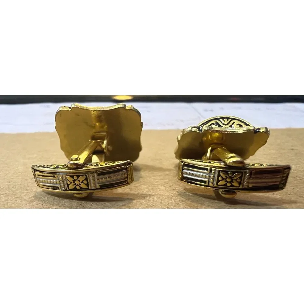 Damascene Toledo Cufflinks Spanish Gilt Swivel T Bar Goldtone Faux MOP Inlay